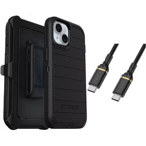 OtterBox iPhone 15 (Only) Bundle: - Defender Series Case - Black - Holster Clip Included - Microbial Defense Protection - USB-C to USB-C Cable - Non-Retail Packaging