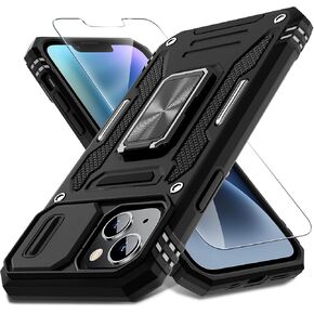 حافظة DEERLAMN لهاتف iPhone 14 Plus مع غطاء كاميرا منزلق + واقي شاشة (عبوة واحدة)، غطاء واقٍ مقاوم للصدمات من الدرجة العسكرية بمسند حلقي دوار مقاس 6.7 بوصة - أسود