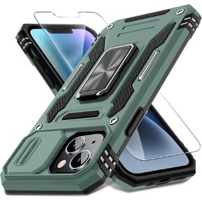 DEERLAMN for iPhone 14 Plus Case with Slide Camera Cover+Screen Protector(1 Pack), Rotated Ring Kickstand Military Grade Shockproof Protective Cover 6.7 Inch-Black