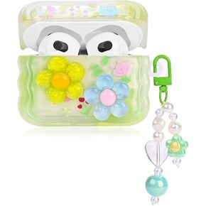 Cute Cases for AirPods 3, Curly Wave Frame Shape Flowers Cover with Heart Bead Pendant for AirPods 3rd Generation