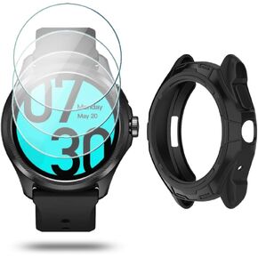 واقي شاشة للساعة (3+1 حزمة) متوافق مع Ticwatch Pro 5، طبقة من الزجاج المقسى مضادة للخدش، تغطية كاملة عالية الوضوح وحافظة واقية ناعمة من مادة TPU، أسود in Kuwait