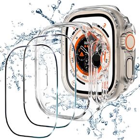 [2+2 Pack] Case Compatible for Apple Watch Ultra 49mm Screen Protector, 2 Pack Hard PC Cover Bumper Shell + 2 Pack Tempered Glass Film Accessories, Waterproof Clear 9H Hardness Shockproof, Clear