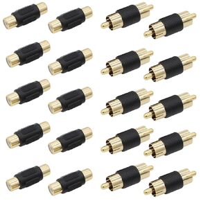 RCA Coupler Adapter Gold Plated 20 Pack, RCA Female to Female Adapter 10pcs, RCA Male to Male Connector 10pcs for Cable Extension, Phono, Speaker, Amplifier