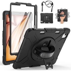 Case for iPad Air 13 Inch 2024: Military Grade Full-Body Protective Cover Case for iPad Air 13 - Rotating Stand - Hand/Shoulder Strap, Black