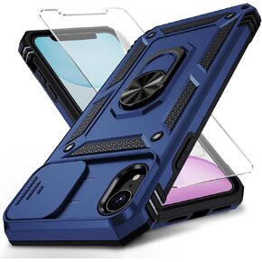 Weycolor for iPhone XR Case with Camera Lens Cover, HD Screen Protector, 10 FT Military Grade Drop Protection, Magnetic Ring Holder Kickstand Protective Phone Case, Navy Blue