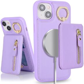 iPhone 13 mini Case with Card Holder for Women, iPhone 13 mini phone Case Wallet with Credit Card with Ring Kickstand Zipper Shockproof Slim Stand Case for iPhone13mini - Rose Gold