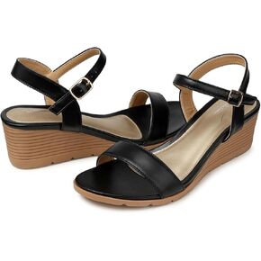 SHIBEVER Womens Sandals Wedge Comfortable: Buckle Ankle Strap Wedge Sandal - Black Sandals Women - Dressy Summer Size 9 in Kuwait