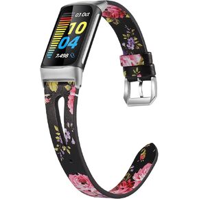 Wearlizer Compatible with Fitbit Charge 6 Bands/Charge 5 Bands for Women Men, Slim Leather Band Thin Watch Replacement Strap Wristband Accessories for Charge 5 6 Band, Black