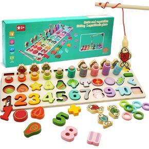 5 In 1 Montessori Educational Toys for Kids,Wooden Number Puzzle Set for 3 4 5 Year Old Baby, Counting Game Toys for Boys Girls, Puzzle Development Learning Toys Magnetic Fishing Game for Toddler 1-3
