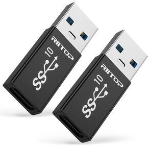RIITOP USB A to USB C Adapter, USB C Female to USB A Male Converter [Black, 2-Pack]