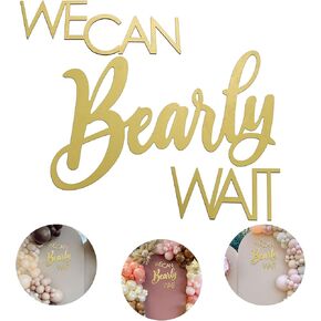We Can Bearly Wait Sign - Wooden Baby Shower Sign with Gold Painted Perfect Baby Banner for Gender Reveal Backdrop Party Decor Stylish Photo Backdrop for Baby Boys and Baby Girls(Gold）