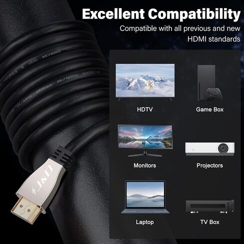 كابل J&D 10K 8K HDMI 2.1، إصدار 2.1 محول كابل HDMI يدعم 8K@60 هرتز 4K@120 هرتز ديناميكي HDR eARC Dolby مع عرض نطاق ترددي 48 جيجابت في الثانية لجهاز PS5، وXbox Series X/S، وRTX 3080/3090، 6.5 قدم in Saudi Arabia