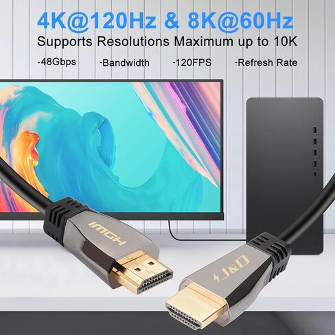 كابل J&D 10K 8K HDMI 2.1، إصدار 2.1 محول كابل HDMI يدعم 8K@60 هرتز 4K@120 هرتز ديناميكي HDR eARC Dolby مع عرض نطاق ترددي 48 جيجابت في الثانية لجهاز PS5، وXbox Series X/S، وRTX 3080/3090، 6.5 قدم in Saudi Arabia