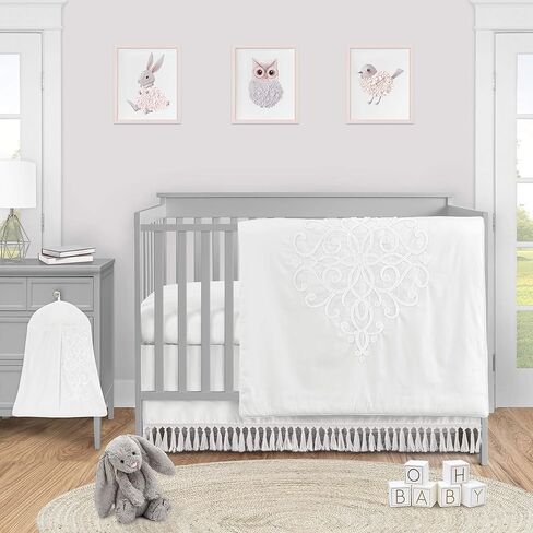 Sweet Jojo Designs White Boho Bohemian Girl Baby Nursery Crib Bed Skirt Dust Ruffle - Solid Color Shabby Chic Princess Luxurious Luxury Elegant Vintage Designer Boutique Victorian Cotton Fringe Tassel in Saudi Arabia