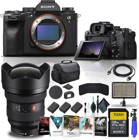 هيكل كاميرا Sony Alpha 1 الرقمية بدون مرآة ILCE-1/B فقط، وعدسة Sony FE مقاس 12-24 مم f/2.8 GM، وبطاقة ذاكرة قوية سعة 128 جيجابايت، وبرنامج Corel للصور، وبطارية متوافقة مع 2 x NP-FZ100، وإضاءة LED، والمزيد in Saudi Arabia
