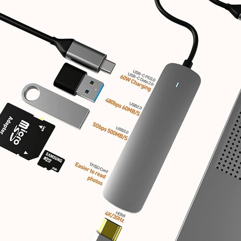 موزع USB C، محول USB-C من الألومنيوم 6 في 1 مع محول HDMI 4K، توصيل طاقة USB-C، قارئ بطاقات SD وMicro SD متوافق مع أجهزة USB-C 5 in Saudi Arabia