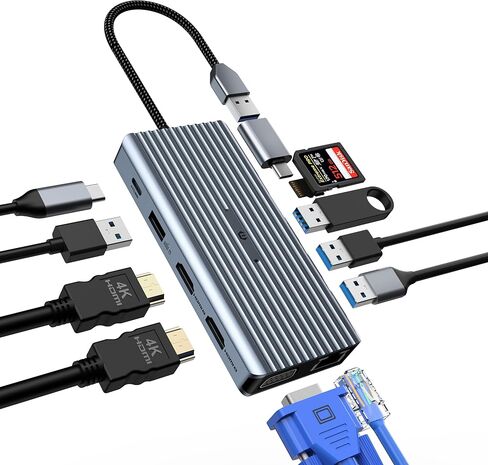 محطة إرساء USB C، محول USB C 12 في 1، إرساء USB C بما في ذلك 2 * 4K HDMI، VGA، 3 USB 3.0، USB 2.0، 100W PD، Ethernet، SD/TF، ​​صوت للكمبيوتر المحمول والمزيد in Saudi Arabia