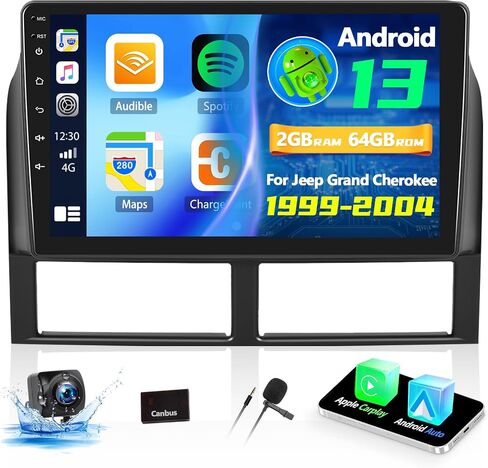 ستيريو سيارة CamECHO 2+64G لسيارة Jeep Grand Cherokee 1999-2004، وحدة رأس Android 13 مع Carplay Android Auto، راديو ستيريو للسيارة بشاشة لمس 9 بوصات مع بلوتوث FM/RDS HiFi GPS WiFi وكاميرا احتياطية in Saudi Arabia