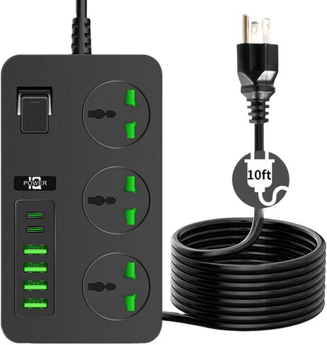 شريط طاقة بطول 10 أقدام مع 4 منافذ USB و2 منافذ USB C و3 منافذ تيار متردد واسعة، وأسلاك تمديد سوداء من COOFINE، 110-240 فولت، بحد أقصى 3000 وات، موسع قابس السفر للمنافذ العالمية لأساسيات العمل في الخارج in Saudi Arabia