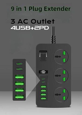 شريط طاقة بطول 10 أقدام مع 4 منافذ USB و2 منافذ USB C و3 منافذ تيار متردد واسعة، وأسلاك تمديد سوداء من COOFINE، 110-240 فولت، بحد أقصى 3000 وات، موسع قابس السفر للمنافذ العالمية لأساسيات العمل في الخارج in Saudi Arabia