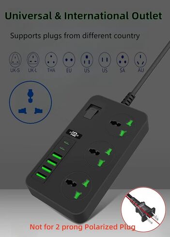 شريط طاقة بطول 10 أقدام مع 4 منافذ USB و2 منافذ USB C و3 منافذ تيار متردد واسعة، وأسلاك تمديد سوداء من COOFINE، 110-240 فولت، بحد أقصى 3000 وات، موسع قابس السفر للمنافذ العالمية لأساسيات العمل في الخارج in Saudi Arabia