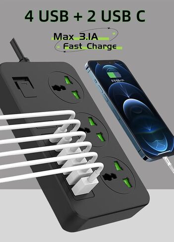 شريط طاقة بطول 10 أقدام مع 4 منافذ USB و2 منافذ USB C و3 منافذ تيار متردد واسعة، وأسلاك تمديد سوداء من COOFINE، 110-240 فولت، بحد أقصى 3000 وات، موسع قابس السفر للمنافذ العالمية لأساسيات العمل في الخارج in Saudi Arabia