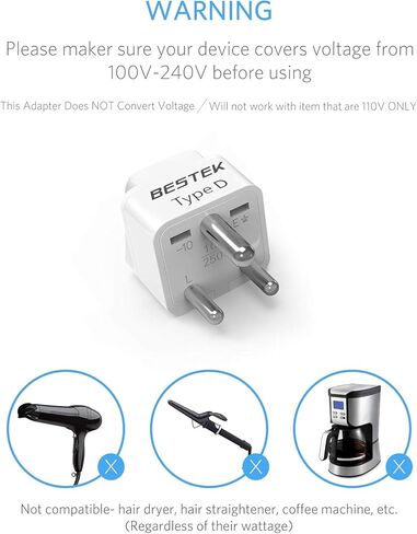 BESTEK الهند، نيبال، بنغلاديش قابس محول السفر، محول السفر المؤرض للقابس الهندي، مثالي للهواتف وشواحن الكمبيوتر المحمول in Kuwait