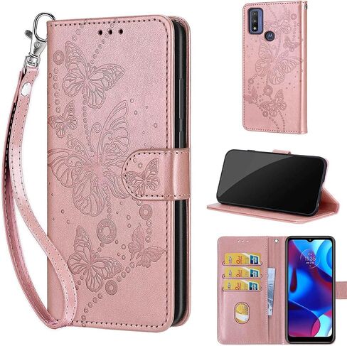 Designed for Motorola Moto G Pure 2021 Case Wallet,Women Flip Folio Cover with Embossed PU Leather Stand Credit Card Holders Slots Wrist Strap Phone Case for Moto G Pure 2021 (Rose Gold Butterfly) in Kuwait