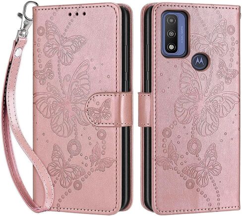 Designed for Motorola Moto G Pure 2021 Case Wallet,Women Flip Folio Cover with Embossed PU Leather Stand Credit Card Holders Slots Wrist Strap Phone Case for Moto G Pure 2021 (Rose Gold Butterfly) in Kuwait