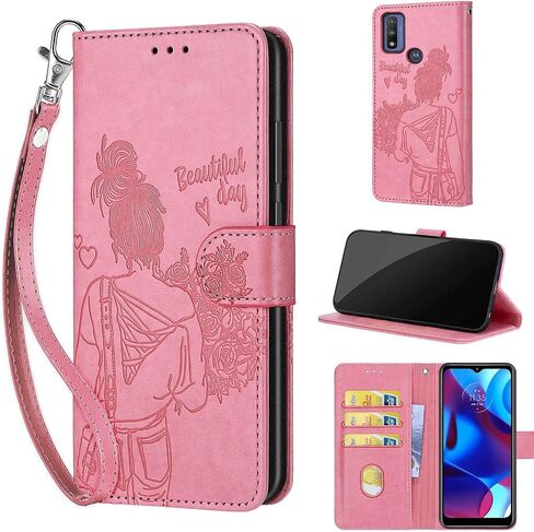 Designed for Motorola Moto G Pure 2021 Case Wallet,Women Flip Folio Cover with Embossed PU Leather Stand Credit Card Holders Slots Wrist Strap Phone Case for Moto G Pure 2021 (Rose Gold Butterfly) in Kuwait
