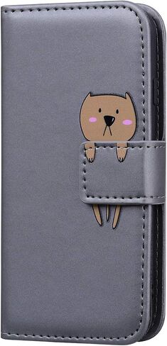Lovely and Cute Flip Wallet Phone Case for iPhone 15 with Cartoon Animal Pattern,Premium Magnetic PU+TPU Leather for High Protection，Premium Phone Cover for iPhone 15,Gray. in Saudi Arabia