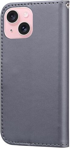 Lovely and Cute Flip Wallet Phone Case for iPhone 15 with Cartoon Animal Pattern,Premium Magnetic PU+TPU Leather for High Protection，Premium Phone Cover for iPhone 15,Gray. in Saudi Arabia
