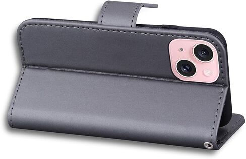 Lovely and Cute Flip Wallet Phone Case for iPhone 15 with Cartoon Animal Pattern,Premium Magnetic PU+TPU Leather for High Protection，Premium Phone Cover for iPhone 15,Gray. in Saudi Arabia