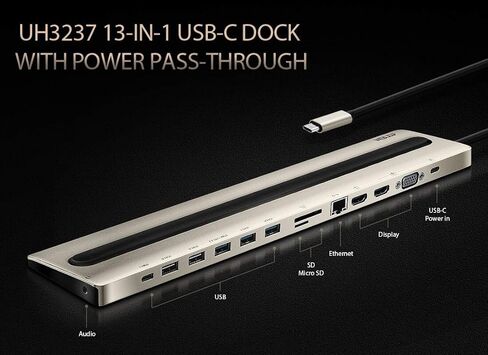 محطة عمل USB-C ذات 13 منفذًا متعدد المنافذ ATEN UH3237، 4K@30 (3840x2160@30 هرتز) على HDMI واحد/مخرج شاشة مزدوجة بدقة 1080p (1920x1080@60 هرتز)، 5 جيجابت في الثانية، التوصيل والتشغيل، متوافق مع Windows، OS X، iPad طليعة in Kuwait