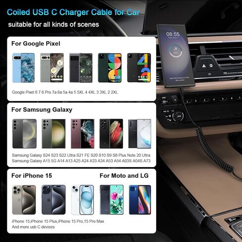 سلك شاحن هاتف السيارة USB C سريع الشحن قابل للسحب لهاتف iPhone 15/15 Pro/Plus، 3 حزم/3FT Android Auto ملفوف قصير USB C كابل لهاتف Samsung Galaxy A15 5G/A55/A54/A14/A25/S24 Ultra/S23/S22/S21 /S20/S10 in Kuwait