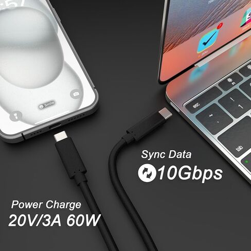 USB Fast Charging Cable, USB3.2 Gen2x1, Type C to C, USB C Cable, 60W Fast Charge, 10Gbps Data Transfer, Black, 1.5 Meters in Kuwait
