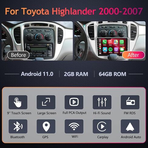 2G+64G لسيارة Toyota Highlander 2000-2007 Android ستيريو مع Apple Car Play اللاسلكي Android Auto MirrorLink، podofo شاشة لمس 9 بوصة راديو سيارة بلوتوث مع GPS HiFi Audio WiFi كاميرا احتياطية in Saudi Arabia