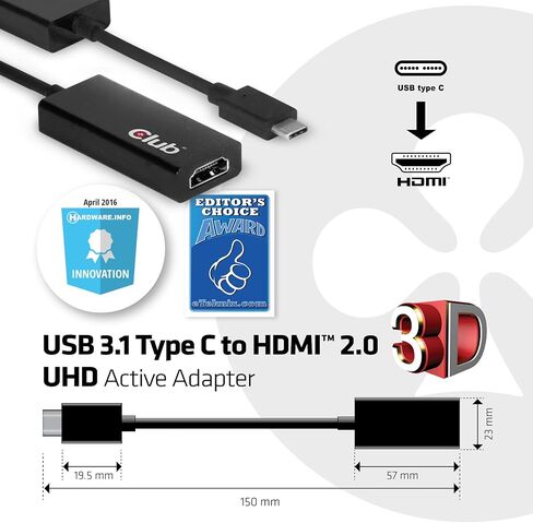 محول Club 3D، CAC-1504، USB-C إلى HDMI 2.0 لجهاز MacBook Retina 12 بوصة 2015 / 2016، XPS 2016، Chromebook Pixel 2015، Thunderbolt 3 والمزيد (يدعم شاشات 4K / UHD حتى 3840x2160@60 هرتز) in Kuwait