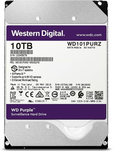 القرص الصلب الداخلي ويسترن ديجيتال 10 تيرابايت WD Purple للمراقبة - SATA 6 جيجابت/ثانية، ذاكرة تخزين مؤقت 256 ميجابايت، 3.5 بوصة - WD101PURZ (الإصدار القديم) in Saudi Arabia