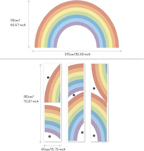 Vinyl Large Rainbow Wall Mural Stickers Peel and Stick, Precut Giant Pastel Watercolor Rainbow Wall Decals for Girls Bedroom Kids Nursery Room Playroom Wall Art Decal, 37.94" x 21.34" in Saudi Arabia
