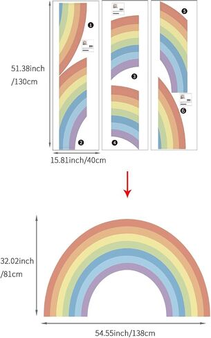 Vinyl Large Rainbow Wall Mural Stickers Peel and Stick, Precut Giant Pastel Watercolor Rainbow Wall Decals for Girls Bedroom Kids Nursery Room Playroom Wall Art Decal, 37.94" x 21.34" in Saudi Arabia