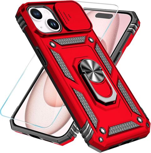 SunStory Compatible with iPhone 15 Case with HD Screen Protector & Slide Camera Cover & Rotated Ring Kickstand, [Military-Grade] Phone Case for iPhone 15 (BBlack) in Saudi Arabia
