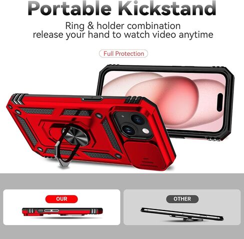SunStory Compatible with iPhone 15 Case with HD Screen Protector & Slide Camera Cover & Rotated Ring Kickstand, [Military-Grade] Phone Case for iPhone 15 (BBlack) in Saudi Arabia