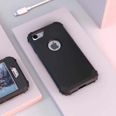 IDweel for iPhone 8 Case with Tempered Glass Screen Protector, for iPhone 7 Case, 3 in 1 Shockproof Slim Hybrid Heavy Duty Hard PC Cover Soft Silicone Bumper Full Body Case, Black in Saudi Arabia