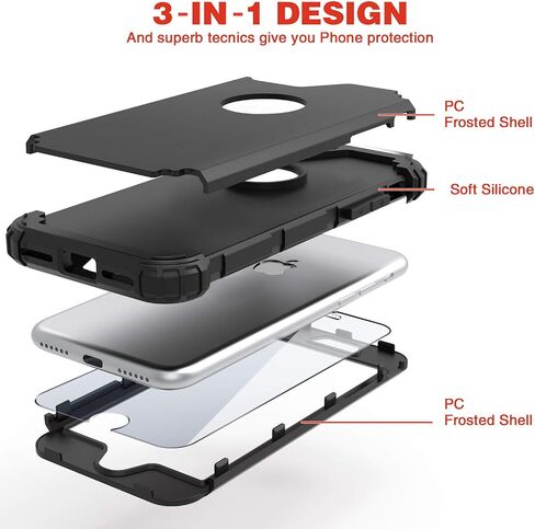 IDweel for iPhone 8 Case with Tempered Glass Screen Protector, for iPhone 7 Case, 3 in 1 Shockproof Slim Hybrid Heavy Duty Hard PC Cover Soft Silicone Bumper Full Body Case, Black in Saudi Arabia