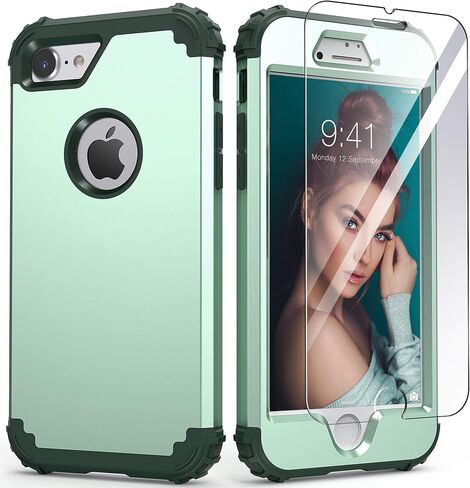IDweel for iPhone 8 Case with Tempered Glass Screen Protector, for iPhone 7 Case, 3 in 1 Shockproof Slim Hybrid Heavy Duty Hard PC Cover Soft Silicone Bumper Full Body Case, Black in Saudi Arabia