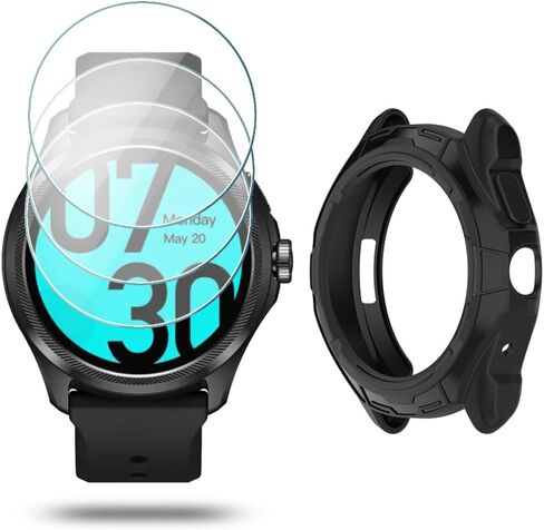واقي شاشة للساعة (3+1 حزمة) متوافق مع Ticwatch Pro 5، طبقة من الزجاج المقسى مضادة للخدش، تغطية كاملة عالية الوضوح وحافظة واقية ناعمة من مادة TPU، أسود in Kuwait