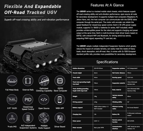 مركبة UGV مرنة وقابلة للتوسيع على الطرق الوعرة، ودعم مضيفين متعددين، وقدرة محسنة على التسلق، مع قضبان خارجية وكمبيوتر تابع ESP32 in Saudi Arabia