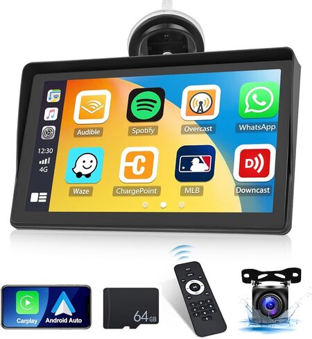 ستيريو سيارة Apple Carplay لاسلكي محمول بشاشة 7 بوصة تعمل باللمس Android Auto مع كاميرا احتياطية AHD، بلوتوث 5.1، وصلة مرآة، جهاز تحكم عن بعد، EQ، FM، Siri، راديو السيارة مع بطاقة TF سعة 64 جيجابايت in Saudi Arabia