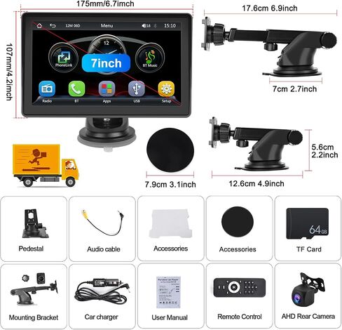 ستيريو سيارة Apple Carplay لاسلكي محمول بشاشة 7 بوصة تعمل باللمس Android Auto مع كاميرا احتياطية AHD، بلوتوث 5.1، وصلة مرآة، جهاز تحكم عن بعد، EQ، FM، Siri، راديو السيارة مع بطاقة TF سعة 64 جيجابايت in Saudi Arabia